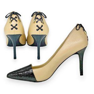 Levity Jalone Size 8 Two Toned Beige Leather Black Snake Cap Toe Heel Pump